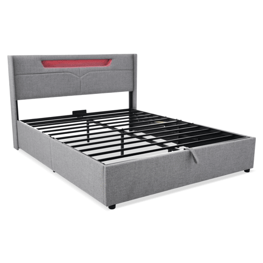 Cama estofada 160x200 - com função de carregamento USB Tipo C e iluminação LED - Bege