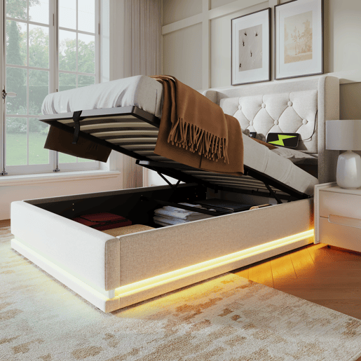 Cama individual estofada 90*200 cm - com armazenamento hidráulico, cabeceira acolchoada, LED em 3 lados e carregamento USB Tipo-C - Bege