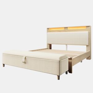 Cama de casal 140x200 cm - Com banco de arrumação, cabeceira com iluminação LED e encosto em cordão bege - Madeira clara