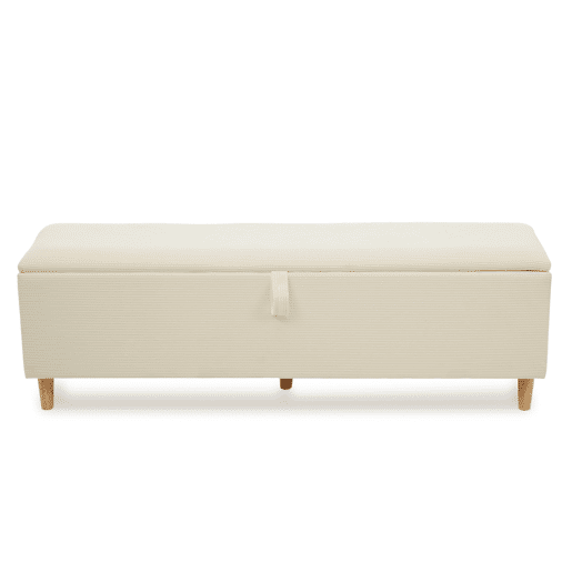 Cama de casal 140x200 cm - Com banco de arrumação, cabeceira com iluminação LED e encosto em cordão bege - Madeira clara
