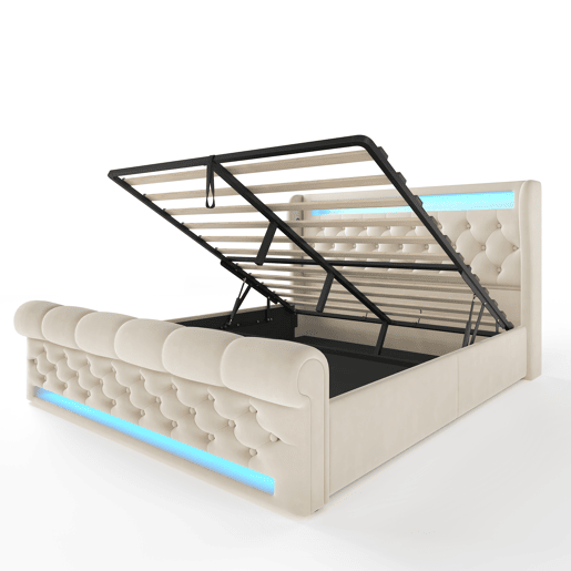 Cama estofada 160x200cm - Cama hidráulica com cabeceira com arrumação, portas USB e Tipo-C, com luzes LED - Bege