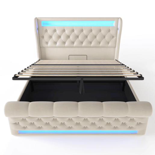 Cama estofada 160x200cm - Cama hidráulica com cabeceira com arrumação, portas USB e Tipo-C, com luzes LED - Bege