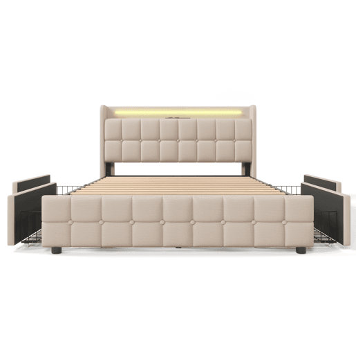 Cama estofada 140x200cm - Com função de carregamento USB, cabeceira com LED e 4 gavetas - Bege