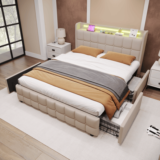 Cama estofada 140x200cm - Com função de carregamento USB, cabeceira com LED e 4 gavetas - Bege