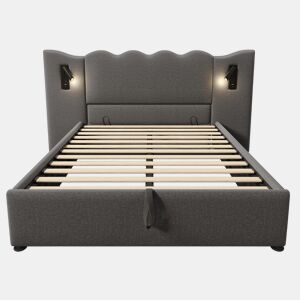 Cama estofada 160x200 com lâmpada de leitura, porta USB Type-C e arrumação - Cinza
