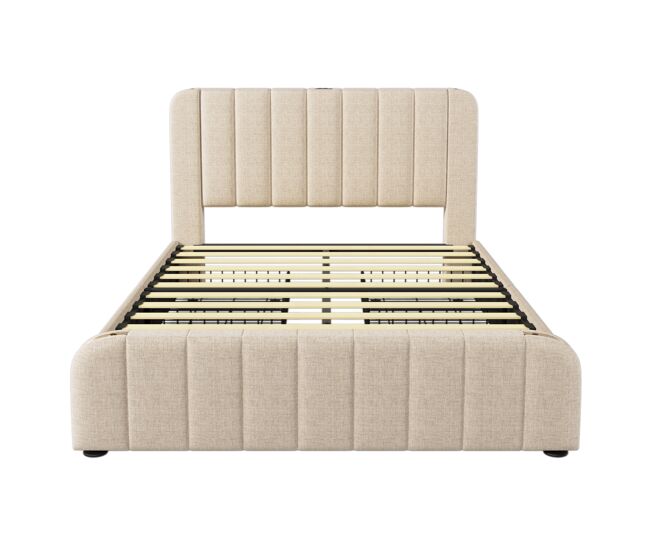 Cama doble tapizada 140x200 - cabecero acolchado con tiras doradas, 4 cajones, carga usb tipo-c - beige