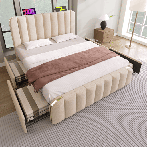 Cama de casal estofada 140x200 - Cabeceira acolchoada com tiras douradas, 4 gavetas, carregador USB Tipo-C - Bege
