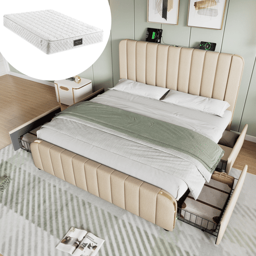 Cama de casal estofada 140x200 - Cabeceira acolchoada com tiras douradas, 4 gavetas, carregador USB Tipo-C - Bege