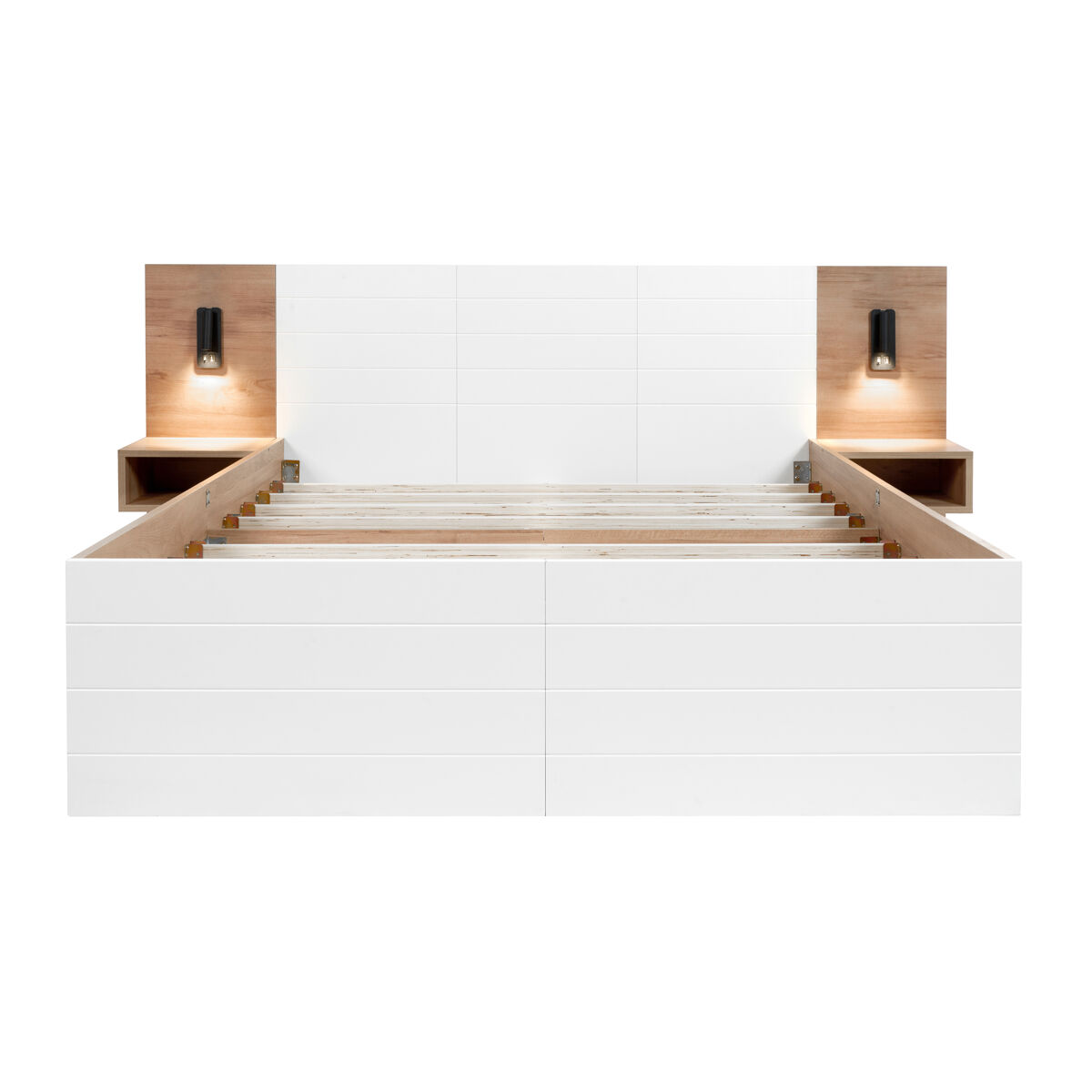 Cama doble 160x200cm - con 2 cajones, cabecero con luz de lectura y función de carga usb, incl. 2 mesitas de noche, estructura y somier - roble/blanco