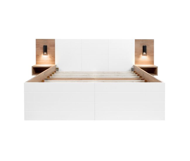 Cama doble 160x200cm - con 2 cajones, cabecero con luz de lectura y función de carga usb, incl. 2 mesitas de noche, estructura y somier - roble/blanco