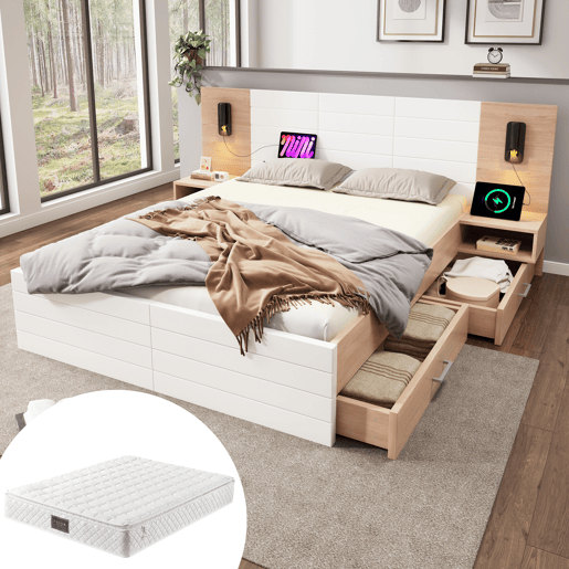 Cama de casal 160x200cm - Com 2 gavetas, cabeceira com luz de leitura e função de carregamento USB, incl. 2 mesas de cabeceira, estrutura e estrado - CarvalhoBranco