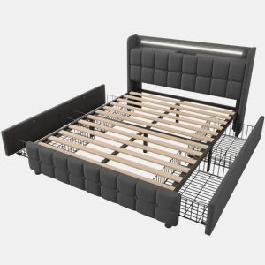 Cama estofada 140x200 cm - Com carregador USB, cabeceira com iluminação LED e 4 gavetas - Cinza