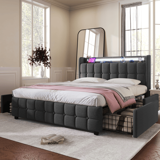 Cama estofada 140x200 cm - Com carregador USB, cabeceira com iluminação LED e 4 gavetas - Cinza