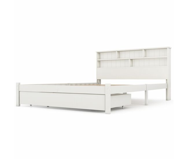 Cama doble 140x200 cm - con cajones y somier, librero para jóvenes y adultos - blanco