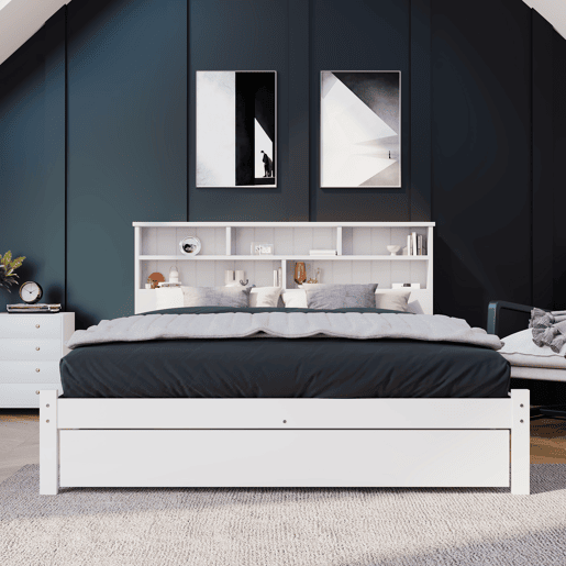 Cama de casal 140x200 cm - Com gavetas e estrado, estante para jovens e adultos - Branco