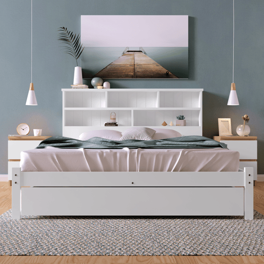 Cama de casal 140x200 cm - Com gavetas e estrado, estante para jovens e adultos - Branco