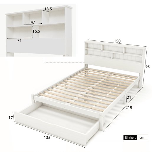 Cama de casal 140x200 cm - Com gavetas e estrado, estante para jovens e adultos - Branco