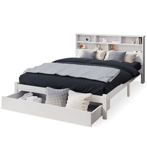 Cama de casal 140x200 cm - Com gavetas e estrado, estante para jovens e adultos - Branco