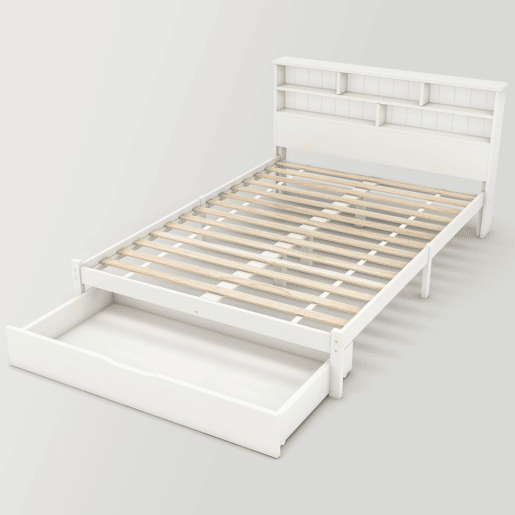 Cama de casal 140x200 cm - Com gavetas e estrado, estante para jovens e adultos - Branco