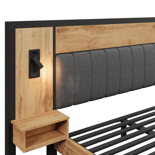 Cama de casal 160x200 - Com candeeiro de leitura, mesa de cabeceira com porta USB C, banco com arrumação, estrutura em metal, madeira e linho, Eiche - Com colchão