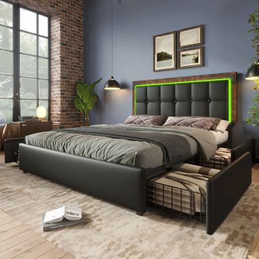 Cama estofada 160x200 cm - Com LED, 4 gavetas, cabeceira ajustável - PU preto