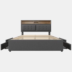 Cama estofada 160x200 cm - Com 4 gavetas, entrada USB-C, cabeceira ajustável, estrado de madeira (com colchão) - Cinza
