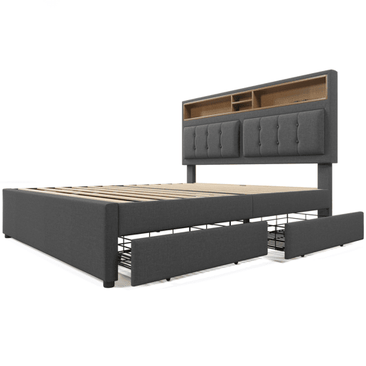 Cama estofada 160x200 cm - Com 4 gavetas, entrada USB-C, cabeceira ajustável, estrado de madeira (com colchão) - Cinza