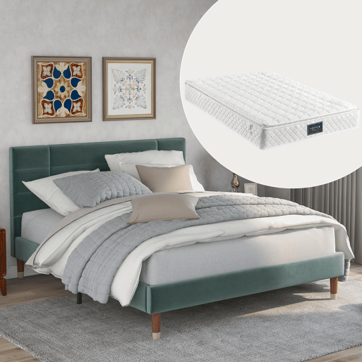Cama Polsterbett 140x200cm - Com cabeceira, estrutura acolchoada, em veludo verde - Com colchão de molas