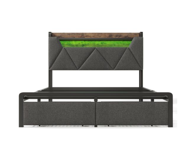 Cama doble 160x200cm - cabezal de almacenamiento con carga usb tipo c, iluminación led y cajones - gris