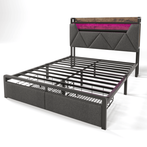 Cama de casal 160x200cm - Cabeceira com compartimento de armazenamento com carregador USB tipo C, iluminação LED e gavetas - Cinza