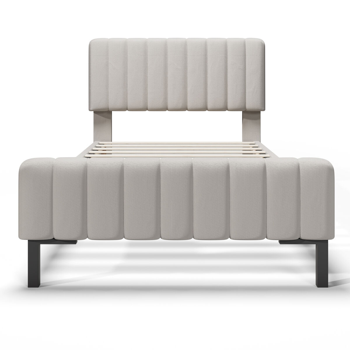 Cama individual tapizada 90x200 - cabecero ajustable, somier incluido, juvenil, lino - gris-beige