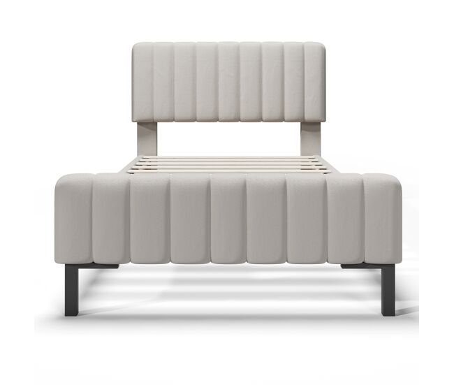 Cama individual tapizada 90x200 - cabecero ajustable, somier incluido, juvenil, lino - gris-beige