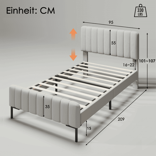 Cama individual estofada 90x200 - cabeceira ajustável, base incluída, juvenil, linho - Cinza-Bege