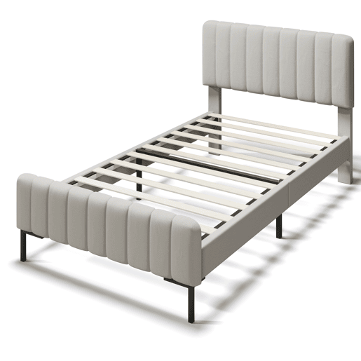 Cama individual estofada 90x200 - cabeceira ajustável, base incluída, juvenil, linho - Cinza-Bege