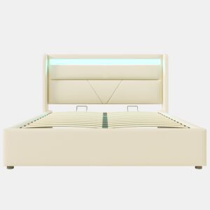 Cama estofada 140x200 - Cama funcional com iluminação LED e base hidráulica - Branco