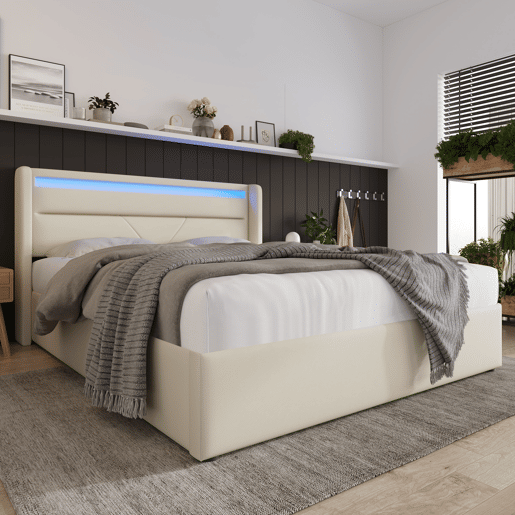 Cama estofada 140x200 - Cama funcional com iluminação LED e base hidráulica - Branco Cama estofada 140x200 - Cama funcional com iluminação LED e base hidráulica - Branco