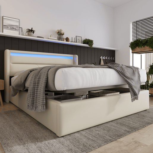 Cama estofada 140x200 - Cama funcional com iluminação LED e base hidráulica - Branco Cama estofada 140x200 - Cama funcional com iluminação LED e base hidráulica - Branco