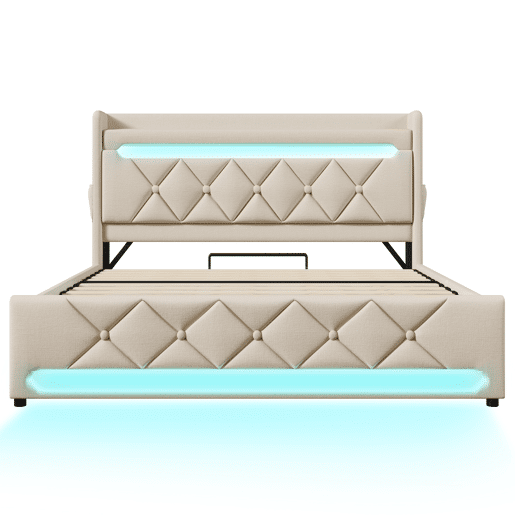 Cama de casal 140x200 - Cabeceira com arrumação, portas USB e tipo C, função LED 360, bege, linho