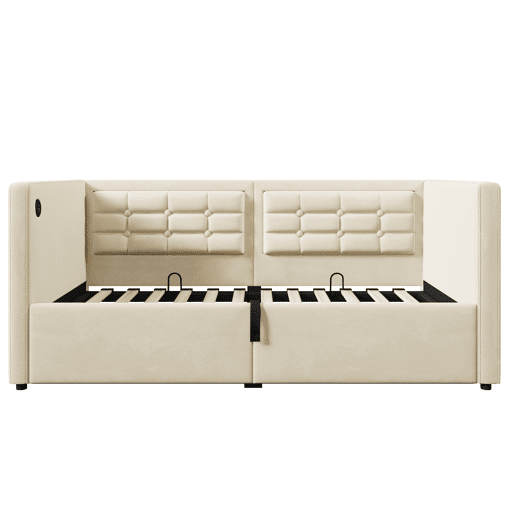 Sofá-cama 90x200 cm - Sofá-cama individual com armazenamento hidráulico e estação de carregamento USB e Type-C, cama de hóspedes com estrado de ripas de madeira - Bege