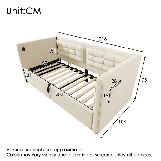 Sofá-cama 90x200 cm - Sofá-cama individual com armazenamento hidráulico e estação de carregamento USB e Type-C, cama de hóspedes com estrado de ripas de madeira - Bege