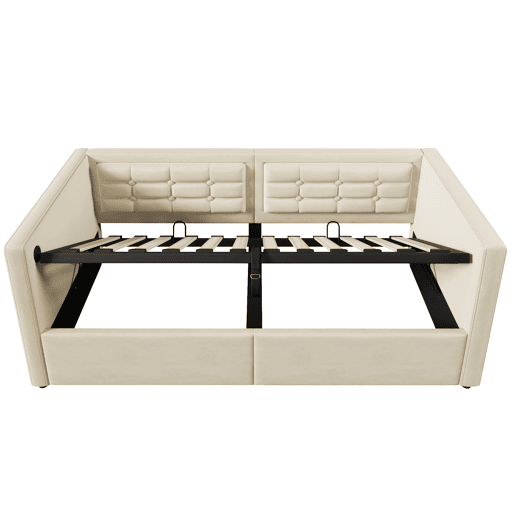 Sofá-cama 90x200 cm - Sofá-cama individual com armazenamento hidráulico e estação de carregamento USB e Type-C, cama de hóspedes com estrado de ripas de madeira - Bege