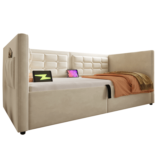 Sofá-cama 90x200 cm - Sofá-cama individual com armazenamento hidráulico e estação de carregamento USB e Type-C, cama de hóspedes com estrado de ripas de madeira - Bege