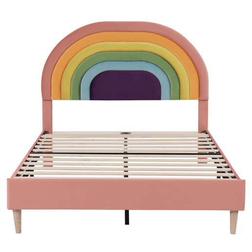 Cama estofada 140x200 - com estrado e cabeceira, juvenil e para adultos, encosto ajustável, veludo - Rosa