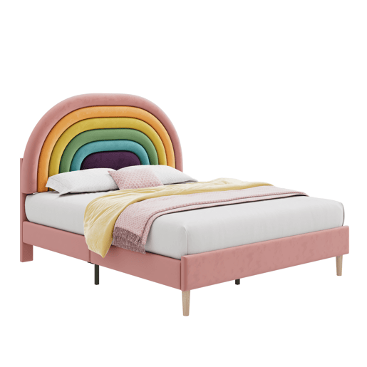 Cama estofada 140x200 - com estrado e cabeceira, juvenil e para adultos, encosto ajustável, veludo - Rosa