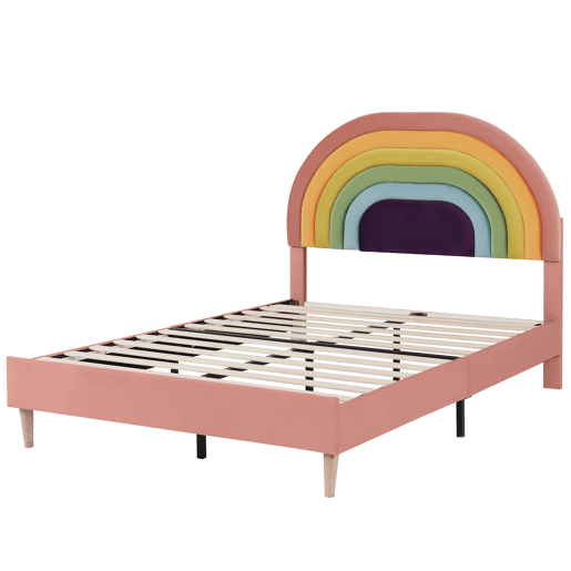 Cama estofada 140x200 - com estrado e cabeceira, juvenil e para adultos, encosto ajustável, veludo - Rosa