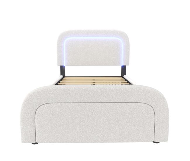 Cama individual 90x200cm - cabezal ajustable, carga usb tipo c, 2 cajones, iluminación led, estructura de madera - blanco sherpa