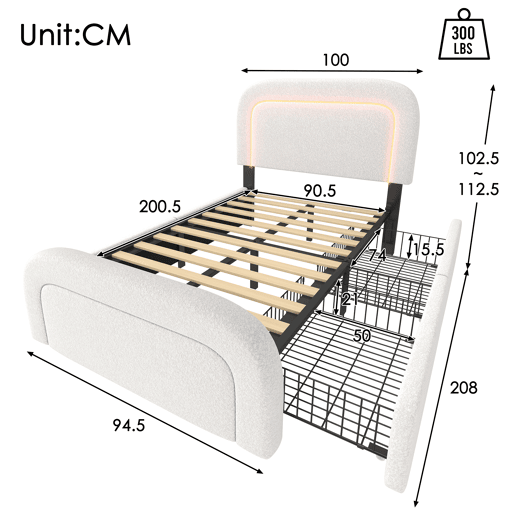Cama individual 90x200cm - Cabeceira ajustável, Carregamento USB Tipo C, 2 gavetas, Iluminação LED, Estrutura em madeira - Branco Sherpa