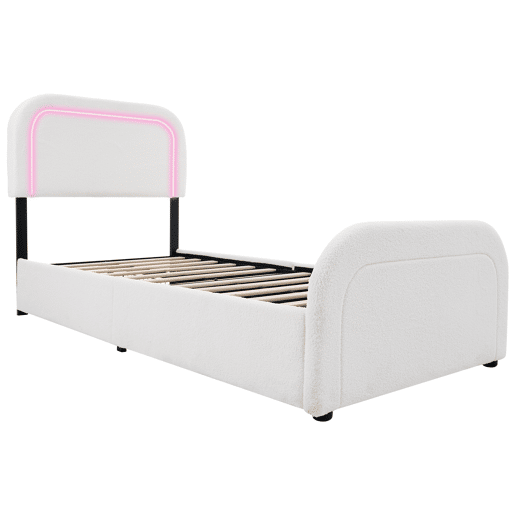 Cama individual 90x200cm - Cabeceira ajustável, Carregamento USB Tipo C, 2 gavetas, Iluminação LED, Estrutura em madeira - Branco Sherpa