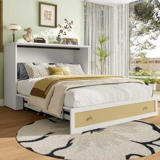 Cama rebatível 140x200 cm - móvel, gavetas na base, prateleira na cabeceira, USB e tomada, cama plataforma convertível, sem colchão - branco