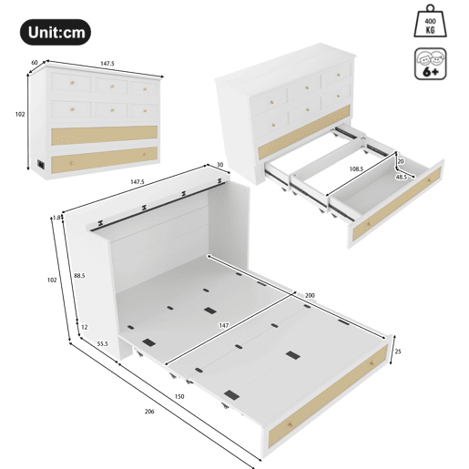 Cama rebatível 140x200 cm - móvel, gavetas na base, prateleira na cabeceira, USB e tomada, cama plataforma convertível, sem colchão - branco